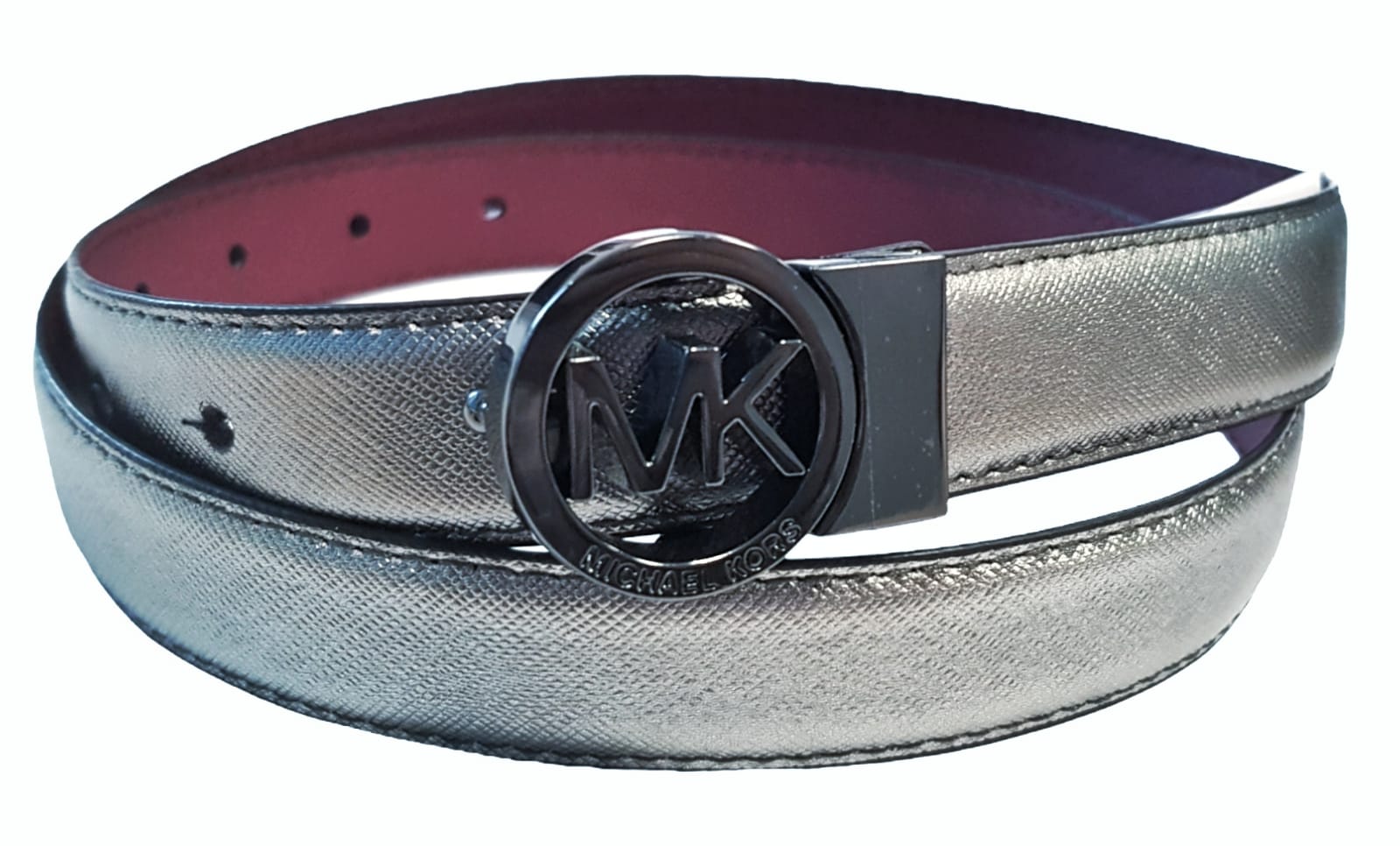 MICHAEL KORS Pasek Damski dwustronny srebrny- bordowy (M)